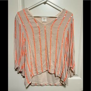 By Together - Oatmeal Gauze Top with Neon Orange Sequin